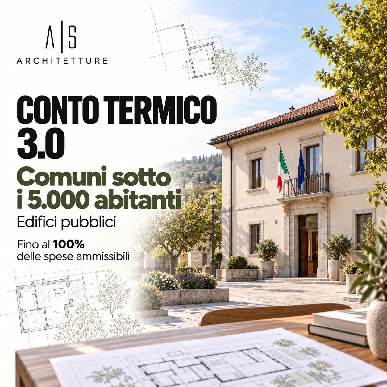 Conto Termico 3.0, Comuni sotto i 5.000 abitanti: edifici pubblici e incentivi fino al 100% delle spese ammissibili. Copertina AS Architetture.