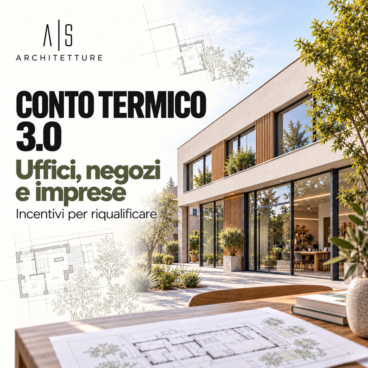 Conto Termico 3.0: uffici, negozi e imprese. Incentivi per riqualificare. Copertina AS Architetture.