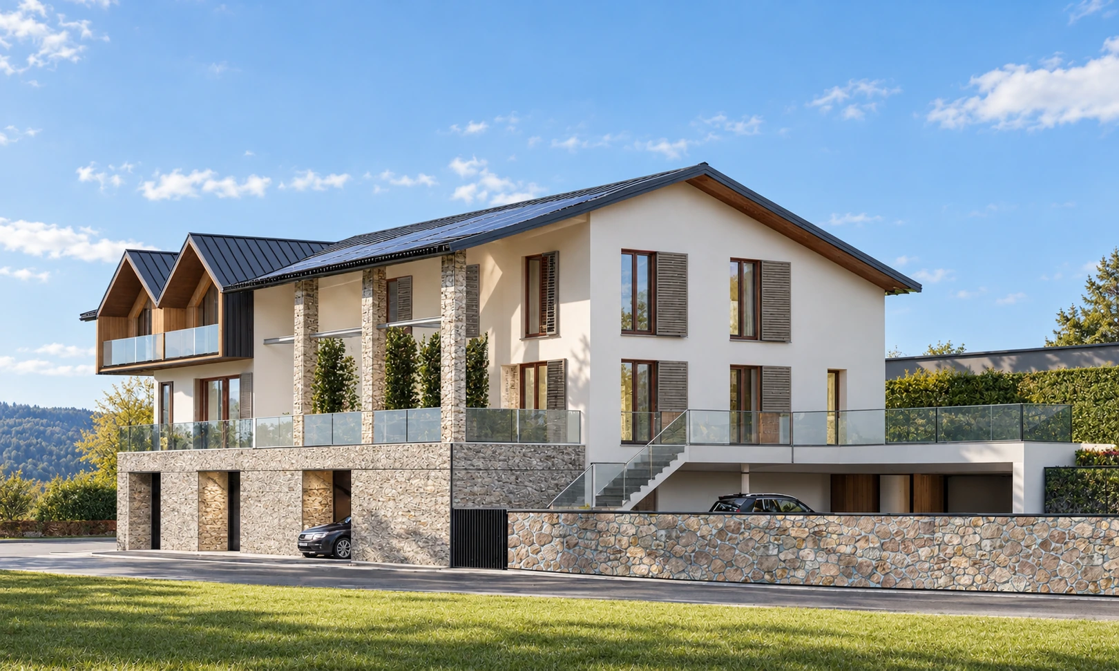 Rendering della residenza a Ganna: vista sud-est con logge e coperture a falde