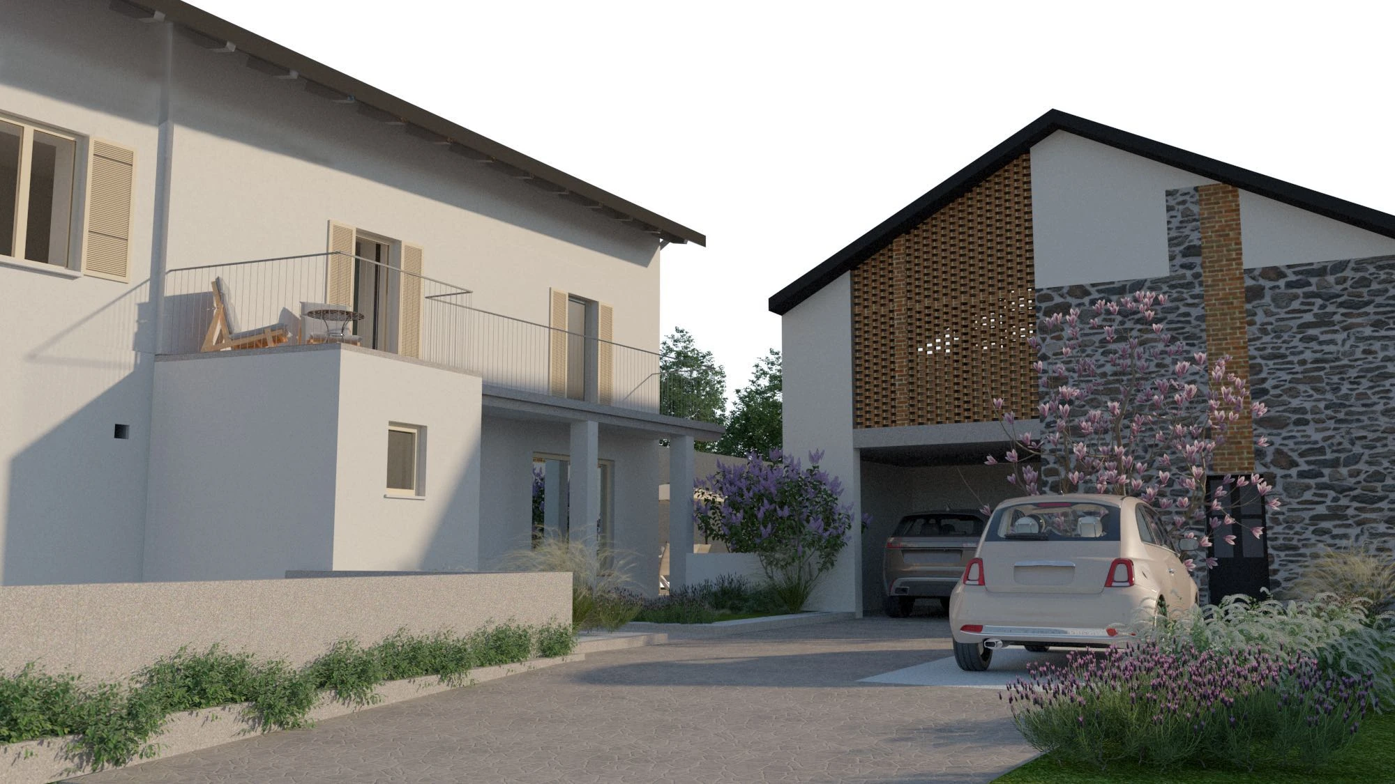 Rendering della casa a Muceno, Porto Valtravaglia, con cortile ed edificio accessorio in pietra